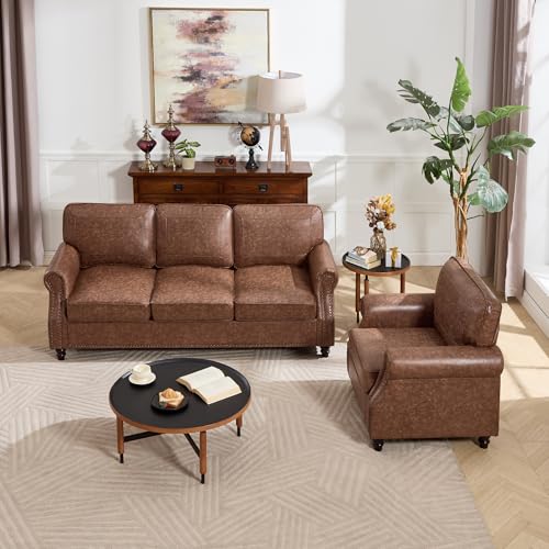 Image of Kingfun Mid-Century Modern Couch, Faux Leather Sofa Set, 3 Seater Couch for Living Room with Rolled arms & Nailhead Trim, Dark Brown