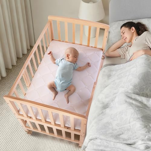 Baby Bassinets Bedside Sleeper - Portable Pine Wood Bedside Bassinet,with Mattress and Breathable Liner,3 Heights Small Mini Crib,Baby Crib for Newbor