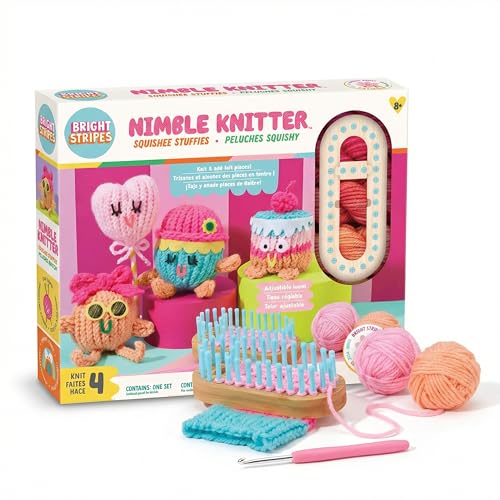 Bright Stripes Nimble Knitter Craft Kit for Kids Ages 8+ | Adjustable Knitting Loom with Yarn, Stickers & Stuffing | DIY Knit Characters & Plush Pals, Creative Gift for Kids & Teens by Bright Stripes - Used condition - US$16.12
