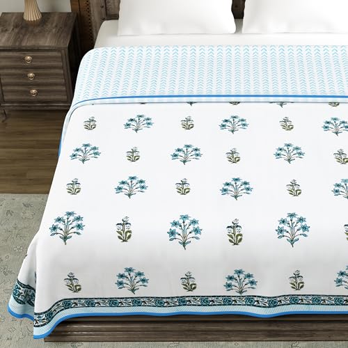 Image of BLOCKS OF INDIA 100% Cotton Dohar King Size Reversible Hand Block Printed Malmal Summer Dohar /Blanket (Blue Lily)