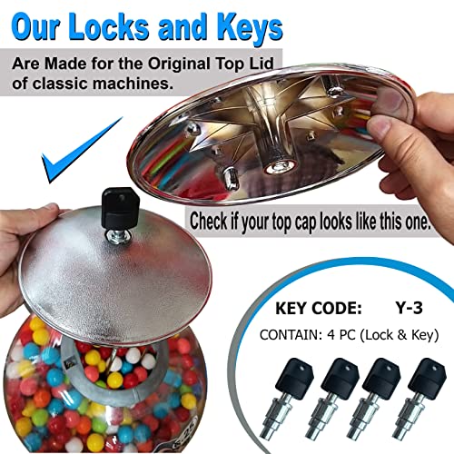 Image of Lock and Key for Gumball Machine - Vending Machines Top Lid Tubular Key Lock for Capsule, Candy, Gumball Vending Machine. Classic Gumball Machine Lock and Key 1 /4 inch Thread (4pc - Key Y3)