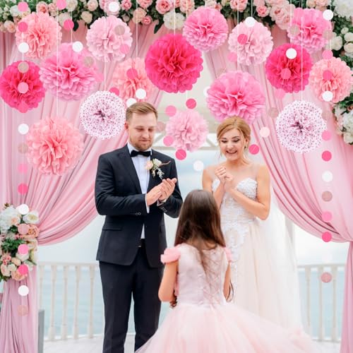 Image of Pink Party Decorations, Tissue Paper Pom Poms Circle Garland for Valentines Day Decorations Pink theme Birthday, Bridal Shower Baby Shower Wedding Romantic Decorations Engagement Party, 16PCS