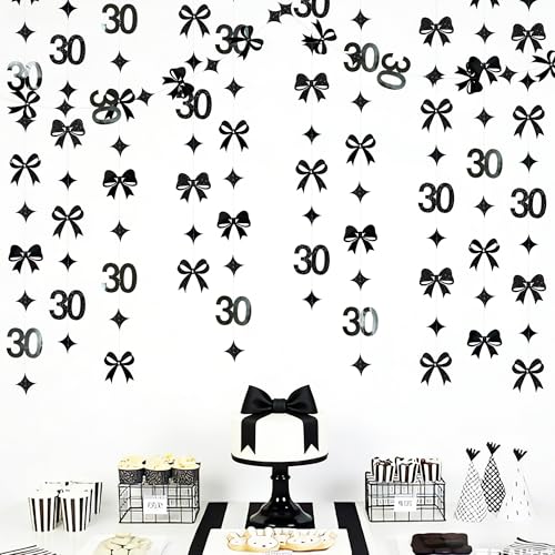 Image of Black 30th Bow Birthday Decorations Glitter Conquette Bow Garland Streamer Banner for Womens Mens Happy 30th Birthday 30 and Fabulous Cheers to 30 Years Old Anniversary Vintage 1995 Party Supplies