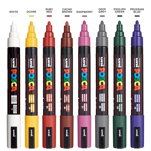 posca Markers Set, 8 Medium Paint Markers 5M – Dark Tones – White, Ochre, Ruby Red, Cacao Brown, Raspberry, Deep Grey, English Green, Prussian Blue image 3