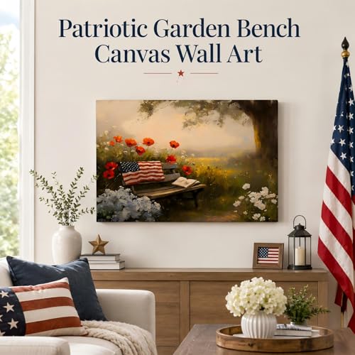 Image of RIBNTAK Made in USA Farmhouse Floral 4th of July Canvas Prints- Vibrant Bench in Peaceful Garden Landscape Wall Art, Memorial Day Pictures for Living Room, Bathroom, or Office Wall Decor