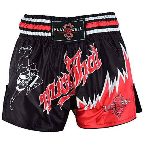 Playwell Pantaloncini da competizione Muay Thai per bambini, per arti marziali, colore: nero/rosso
