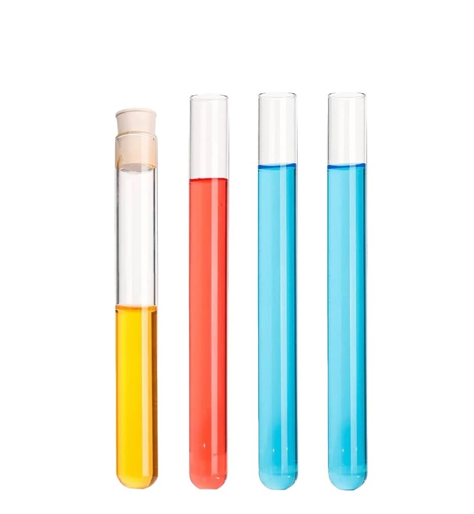 Lot de 10 tubes à essai en verre for laboratoire, haute teneur en borosilicate, à col plat renforcé, résistants au chauffage, avec bouchon.(25x200mm)