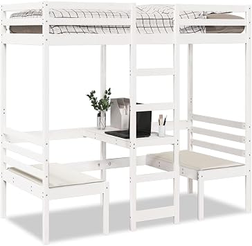 Homgoday Mezzanine Bed with Desk and Chairs White 90 x 190 cm Solid Pine Platform Bed Frame Suitable for a Mattress 90 x 190 cm No Mattress for Bedrooms, Adults