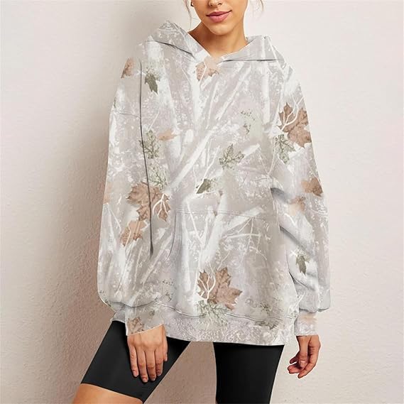 Womens Camo Hoodies Maple Leaf Print Oversized Hooded Camo Sweatshirt,Maple Leaf Print Pullover Tops with Pocket - Image 3