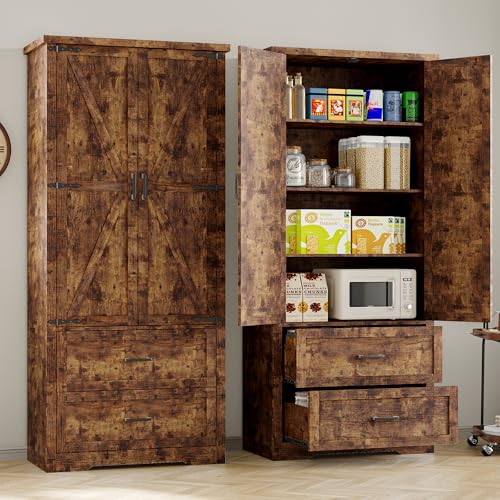 Image of BORNOON Pantry Organizers and Storage Cabinet, 71 inch Barn Door White Kitchen Cabinet with Drawers and Adjustable Shelf, Tall Pantry for Kitchen, Dining Room, Living Room. Bathroom and Office