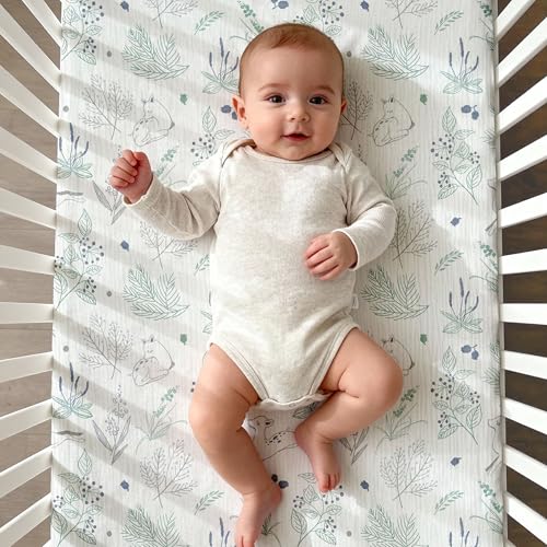Image of Muslin Bassinet Fitted Sheets 2 Pack, Soft Breathable Cotton Baby Bassinet Mattress Sheet Set, 360 Elastic Snug Fit, Universal for Oval, Rectangle (Blue Deer, Pack N Play Sheets 2 Pack)