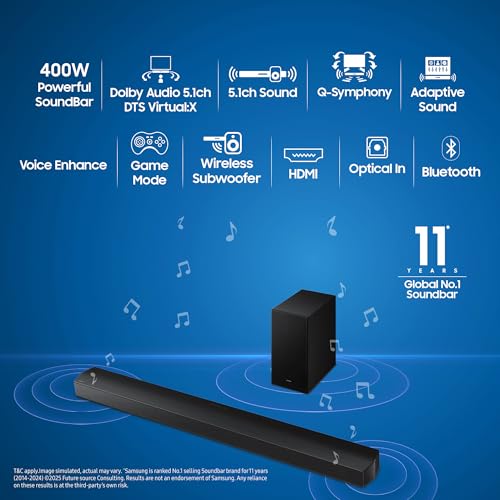 Image of Samsung 400 W 5.1 ch Soundbar with Dolby Audio | DTS Virtual:X | Q-Symphony | Center Speaker | 3D Surround Sound | HDMI ARC | Optical in | Bluetooth | USB | Wireless Subwoofer (HW-B750F /XL, Black)