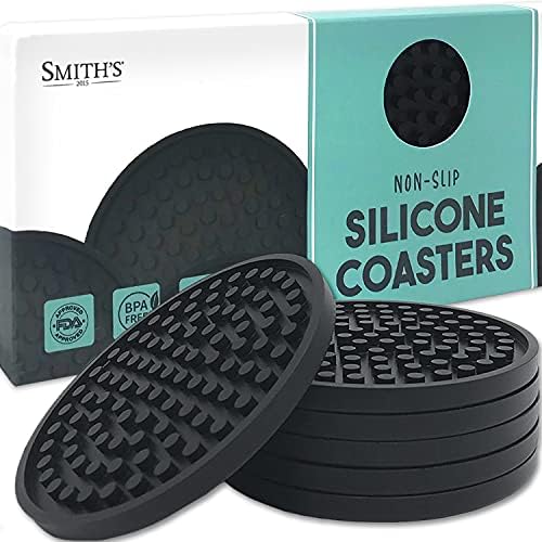 Smiths® Black Matte Round Silicone Rubber Drink Coasters (Set of 6) | 9.4cm Diameter | Non-Slip | Water Catching Technology | Perfect For Homes & Bars!