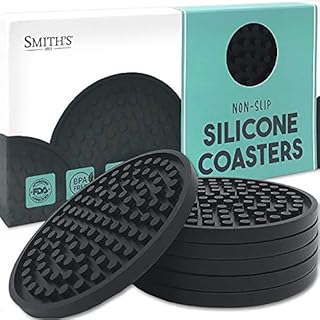 Smiths® Black Matte Round Silicone Rubber Drink Coasters (Set of 6) | 9.4cm Diameter | Non-Slip | Water Catching Technology | Perfect For Homes & Bars!