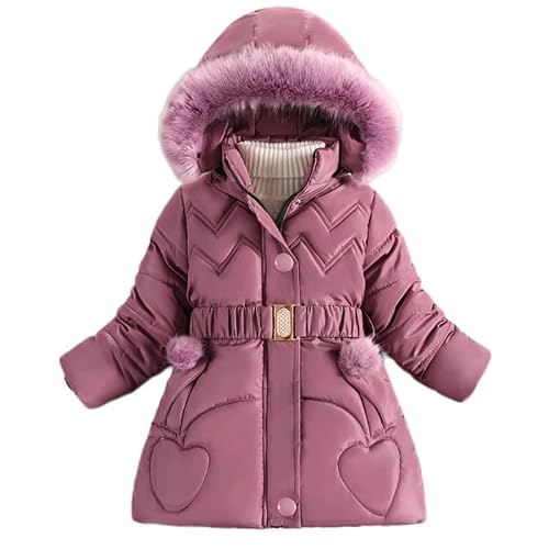 Runstarshow Girls' Winter Coat Padded Parka Jacket Fleece Lined Kids Warm School Coats with Detachable Hood Faux Fur Collar Belt Pockets Outerwear for Girls Aged 3-12 Years