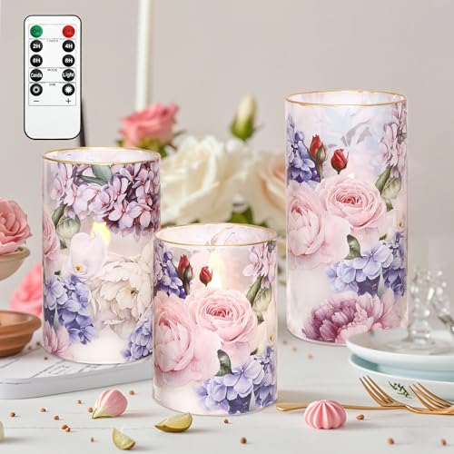Image of Hydrangea Rose Flameless Candles with Remote Control & Timer Function - Real Wax Glass Battery Operated Candles - Home Farmhouse Holiday Christmas Valentine's Day Decorations - Set of 3