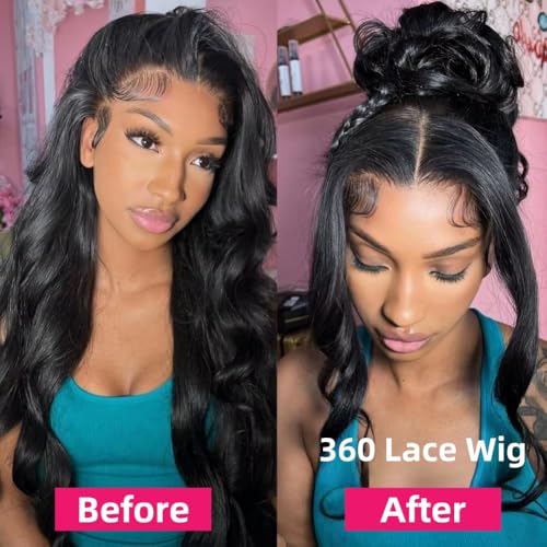 drawstring body wave lace front wigs human hair pre plucked 360 hd full invisible strap glueless frontal lace wig 180 density for women 28 inches