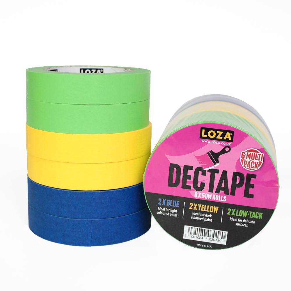 Loza DECTAPE Masking Tape for Painting, 6 Rolls, 24mm x 50m Each, 2 Blue, 2 Yellow, 2 Green Low Tack Masking Tape, 300m Total for Indoor Painting, Decorating, Walls, Ceilings & DIY, Mixed Pack