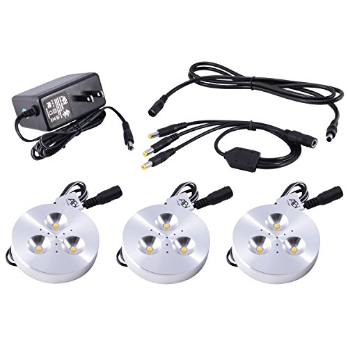 3X ABI 3W LED Puck Light Complete Kit for Under Cabinet, Bookshelf, and Showcase Lighting, 240lm, Warm White 2800K, 25W Halogen Equivalent