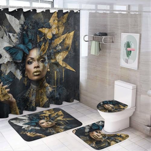 INSFBRB Vintage Rustic Black Woman Shower Curtain Decor Set, Colorful