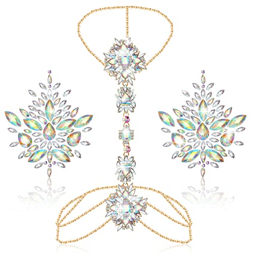 Boho Rhinestone Statement 2 Pieces Chest Chain Adhesive Covers Body Jewelry for Women Body Chain for Beach Women