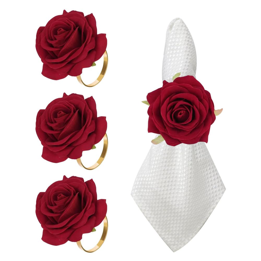 Napkin Rings, 4PCS Rose Napkins Buckles Artificial Flower Paper Serviette Holders for Wedding Party Table Decorations