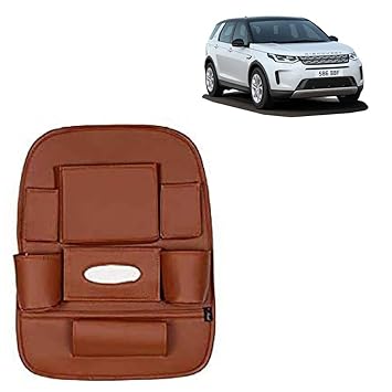 RD Universal PU Leather Car Auto Seat Back Organizer Multi Pocket Travel Storage Bag with Hangers, Tissue Paper and Bottle Holder-Tan Colour Compatible for Land Rover Discovery