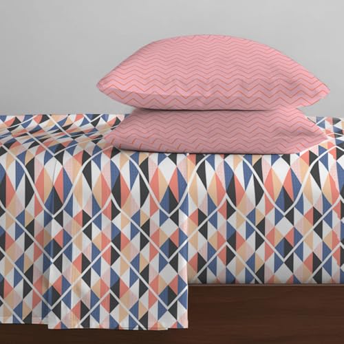 Image of Livspace Cotton Queen Size Bedsheet for Double Bed | 100 inch x 88 inch | 144 TC Flat Cotton Bedsheet with 2 Pillow Covers, Soft & Breathable - Bello Pure Nest Collection (Pink Blue)