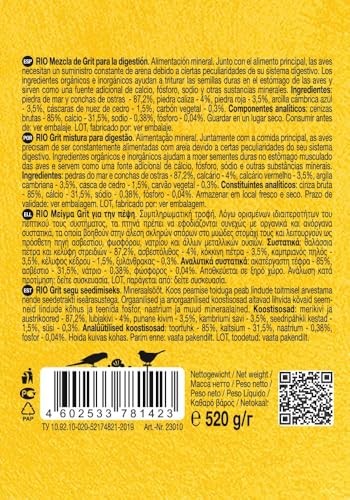 RIO Grit-Mischung | Doppelpack | 2 x 520 g | Mineralfuttermittel für Vögel | Zur Unterstützung der Verdauung | Enthält wichtige Mineralstoffe wie Kalzium, Phosphor und Natrium