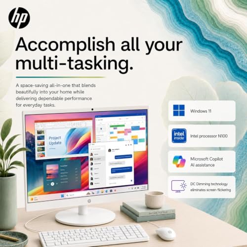 Image of HP 22 inch FHD All-in-One Desktop Computer, 8GB DDR5 RAM, 128GB UFS Storage,13th Gen Intel Quad-Core N100 CPU, WiFi 6, Bluetooth 5.3, RJ45, USB-C (10Gbps), UHD Graphics, 720p Cam, Office 365 for Web
