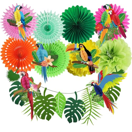 Gibocot 15 Pcs Hawaiian Paper Decorations, Tropical Birds Honeycomb Parrot 8.2ft Tropical Palm Leaves Garland Bunting Green Pom Poms Hanging Paper Fans for Summer Luau Jungle Theme Party