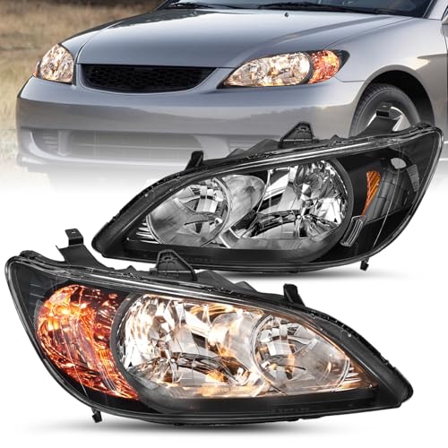 JSBOYAT Headlight Assembly Replacement Set for 2004 2005 Honda Civic 2/4 Door Black Housing Amber Reflector (Driver & Passenger Side)