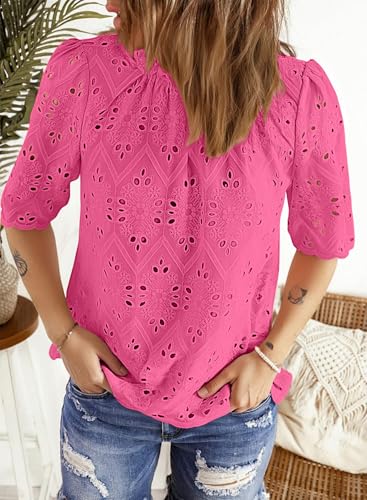 BETTE BOUTIK Womens Lace Tops 2025 Trendy Long Short Sleeve Eyelet Embroidered Dressy Casual Blouse Shirts