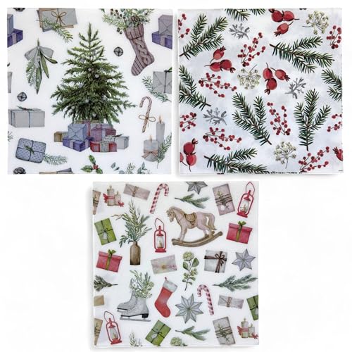 MIJOMA Servilletas navideñas con motivos - Juego de 48 capas festivas de 3 capas | Servilletas de papel decorativas para fiestas de Navidad | Varios diseños, sin cloro, colores a base de agua (mezcla