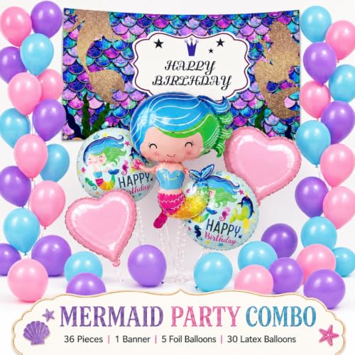 Image of Wanna Party Mermaid Theme Birthday Decoration Combo Pack, 36 Pieces | 4 ft x 2 ft Mermaid Happy Birthday Banner, 5 Mermaid Foil Balloons & 30 Latex Balloons in Pink, Purple and Aqua Blue