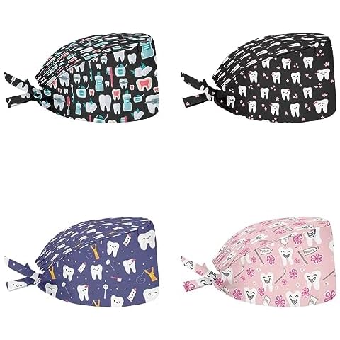 Aoopistc Dental Patterns Stylish Headwear, Stylish 4 Piece Work Hat Set, Men's & Women's Lightweight Adjustable Shower Cap Cover