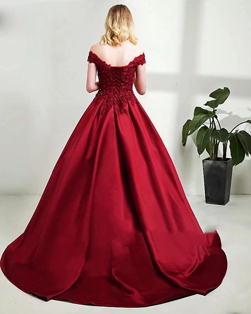 Lace Prom Dresses Long Ball Gown Quinceanera Dress Satin Off Shoulder Formal Evening Gowns with Pockets