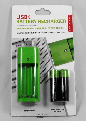 Chargeur de piles AA USB Kikkerland US012 ultra compact avec deux accumulateurs