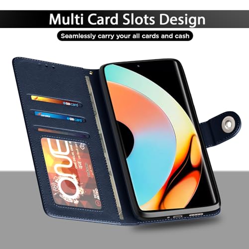 Image of Pikkme Flip Cover Leather Finish | Inside TPU with Card Pockets | Wallet Stand and Shock Proof | Complete Protection Button Flip Case for Realme 10 Pro Plus 5G (Blue)