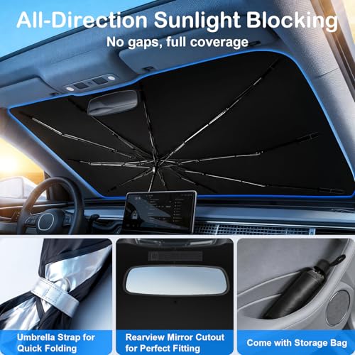 Image of Windshield Sun Shade Umbrella, Foldable Car Windshield Sun Shade Cover, 56 inch x 31 inch UV & Heat Insulation Car Sun Shade, Universal Fit for Sedans, SUVs & Trucks
