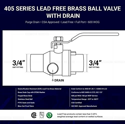 Midline Valve 627C256-Nl Premium Full Port Ball Valve With Drain Brass, X 3/4 In. Swt, 3/4 In. Swt X 3/4 In. Swt #TOP1