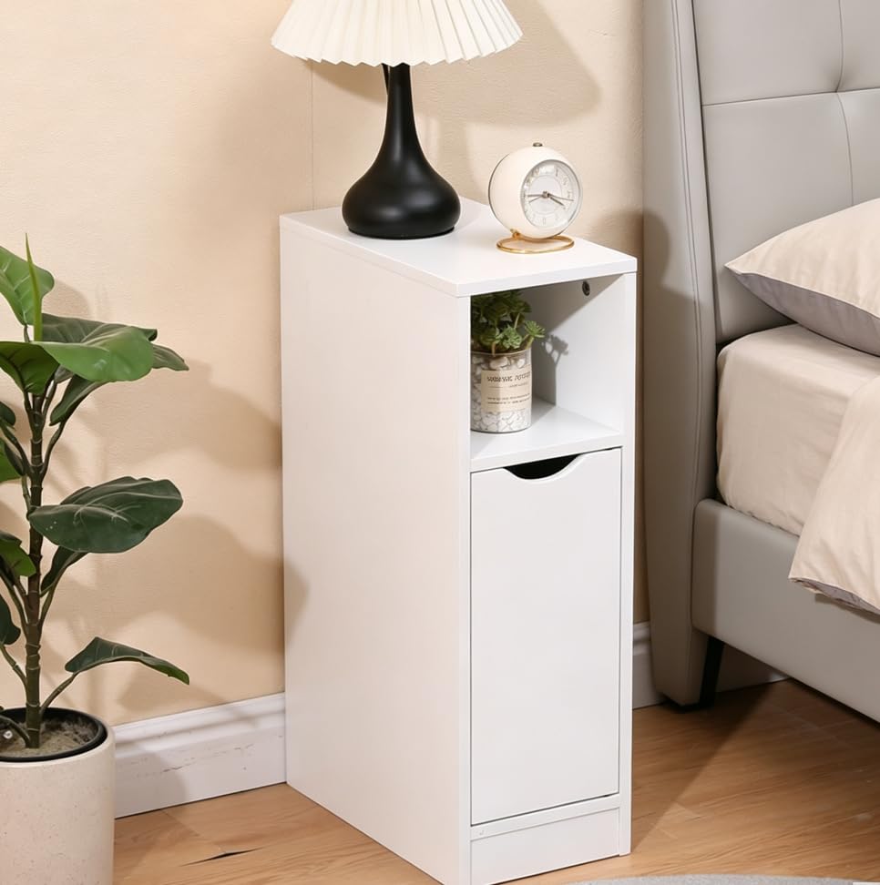 20CM Small Bedside Table White with Storage, Slim Narrow Wood Side Table Nightstand Cabinet for Sofa Bed