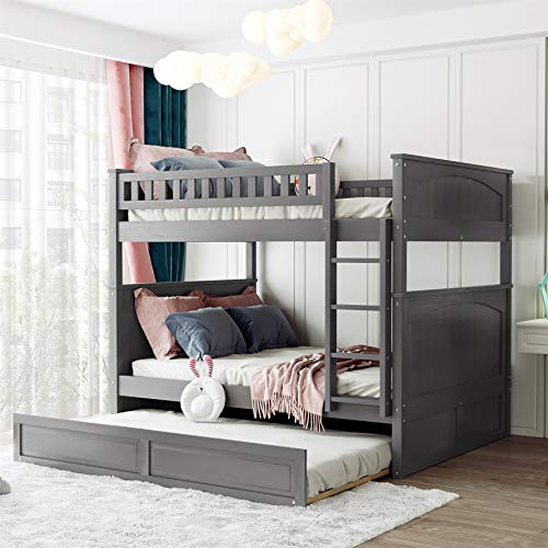 Harper & Bright Designs Full Over Full Bunk Bed with Trundle, Bunk Beds Full Over Full with Safety Rail & Ladder, Detachable Wood Full Bunk Bed Frame for Kids Girls Teens Adults ?Brushed Gray