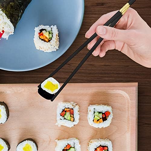 10 Pairs Premium Fiberglass Chopsticks for Sushi, Ramen, Asian Dishes, Reusable Chopstick Gift Set Dishwasher Safe, Japanese Chinese Non-Slip Chop Sticks Black and Gold Color, 9.4-Inch Length