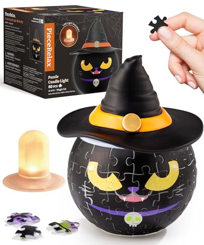 PieceRelax Halloween 3D Puzzle Candle Light 80 Pieces - LED Jack O’ Lantern - Rechargeable Plastic Pumpkins for Indoor & Outdoor Spooky Decorations, Magic Cat [KL1075]