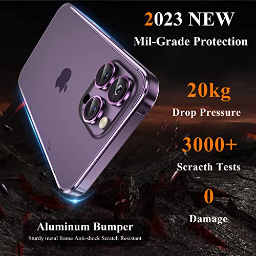 Ymhml [3 In 1] For Iphone 14 Pro Max Aluminum Frame Case With Screen Protector And Camera Lens Protector Tempered Glass, Metal Bumper Slim Hard Straight Edge Full Drop Protection Accessories, Purple #TOP2