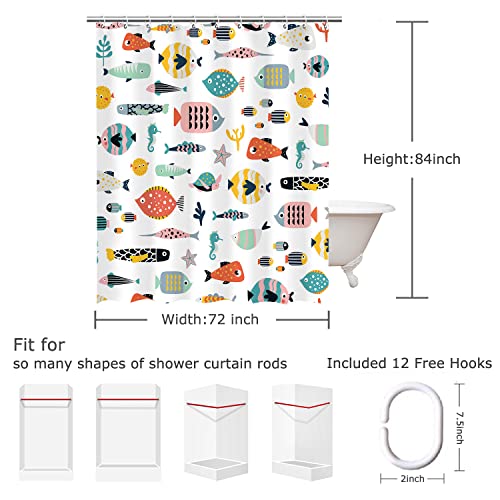 Image of RosieLily Fish Shower Curtain, Kids Bathroom Nautical Set With 12 Hooks, Waterproof Colorful Animal Cartoon Fish Decor, 72 x 84 Inch