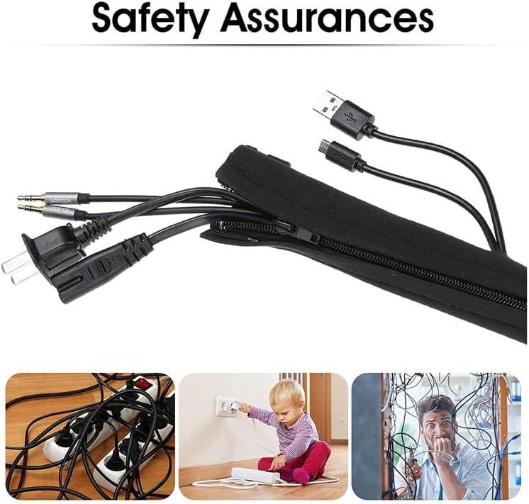 4Pcs Cable Management Sleeves Cord Wire Protector Adjustable Cable Wire System With Zippers Home Office Cord Organize - (Color: Black)