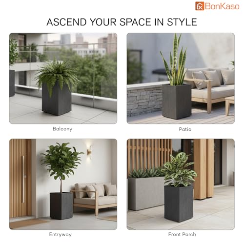 Image of BonKaso 18 Inch Rolex Tower Planter for Indoor & Outdoor Use | Tall Square Heavy Duty Polymer Flower Pot | Weather Resistant Modern Planter for Living Room, Balcony, Terrace & Office Decor (Dark Gey)