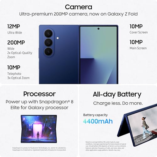 Image of Samsung Galaxy Z Fold7 Cell Phone, 256GB AI Smartphone, Unlocked Android, AI Photo Edits, Large Screen, Long Battery Life, 2025, US 1 Yr Manufacturer Warranty, Blue Shadow